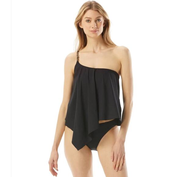 MICHAEL Michael Kors Black Logo Chain One Shoulder Tankini Swim Top Size Small - Picture 1 of 9
